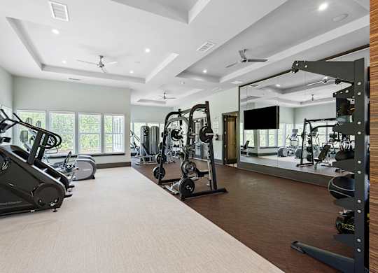 A spacious gym with a variety of equipment including treadmills, weights, and a television.