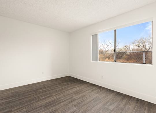 Empty room with a large window and wooden flooring.