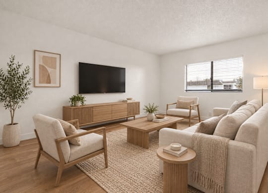 A living room with a couch, chair, and a flat screen TV mounted on the wall.