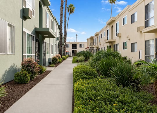 A long concrete walkway separates two rows of apartment buildings.