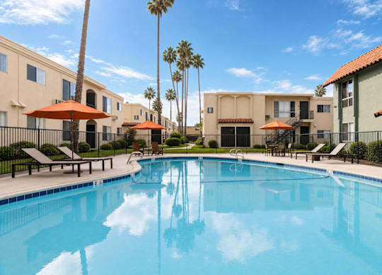 A swimming pool surrounded by palm trees and apartment buildings.