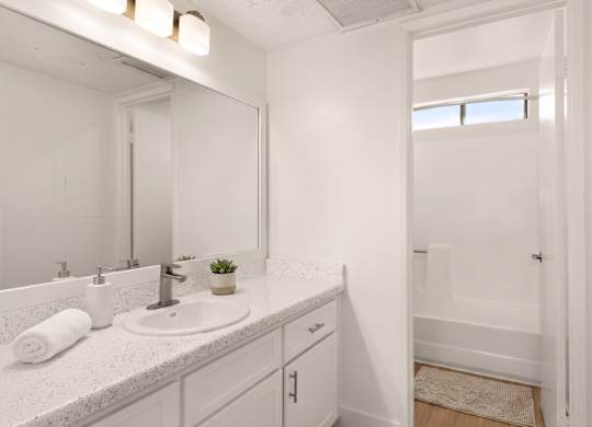 A bathroom with a white sink and a mirror above it.