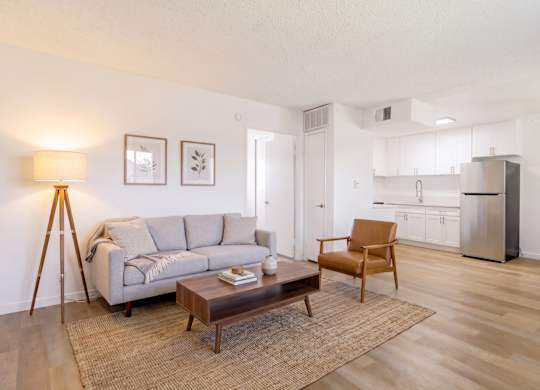 A living room with a grey couch, a wooden coffee table, and a lamp.