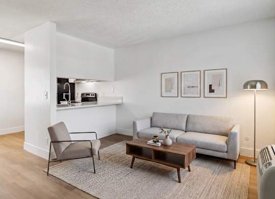 A living room with a grey couch, a chair, a coffee table, and pictures on the wall.
