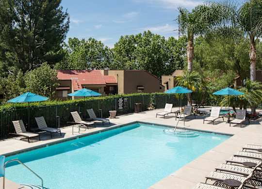A large swimming pool surrounded by lounge chairs and umbrellas.
