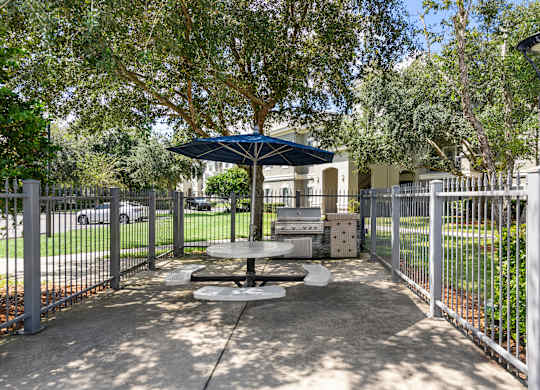 A picnic table is surrounded by a metal fence in a park.