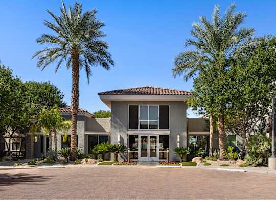 A modern house with a palm tree in front.