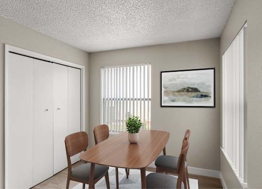 A dining room with a wooden table and chairs.