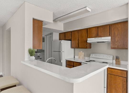 A kitchen with white countertops and wooden cabinets.