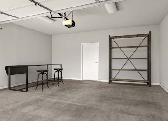 A room with a table, two stools and a shelf.