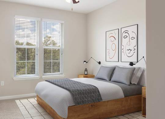 A bedroom with a bed, a television, and a window with blinds.