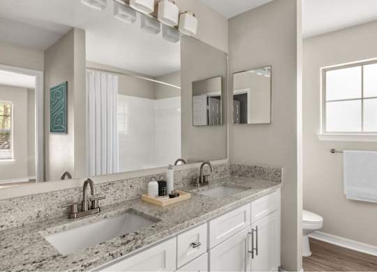 A bathroom with a granite countertop and a large mirror.