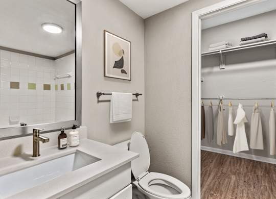 A bathroom with a toilet, sink, and a mirror.