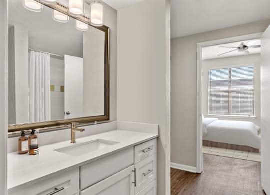 A bathroom with a white sink and a mirror above it.