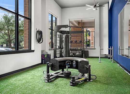 A gym with a green carpet and a rowing machine.