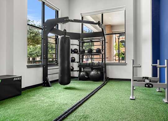 A gym with a green carpet and a punching bag.