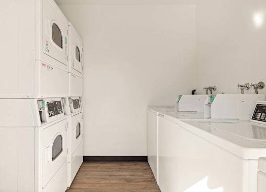 A row of washing machines and dryers in a laundromat.