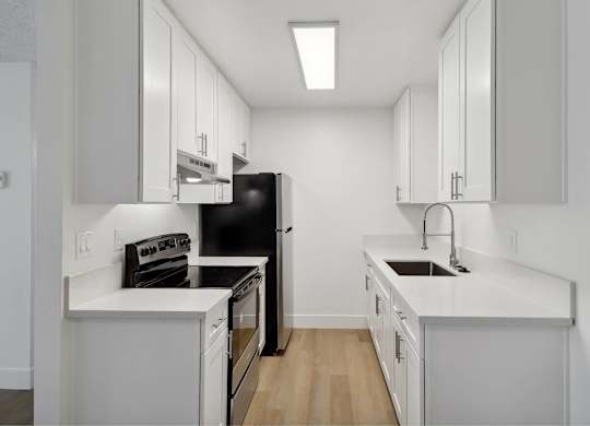 A kitchen with black appliances and white cabinets.