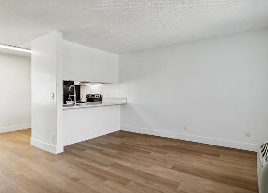 A room with a white wall and a wood floor.