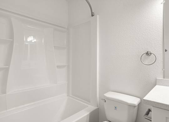 A white bathroom with a toilet and a shower.
