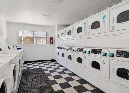 A row of white front load washing machines are lined up in a laundromat.