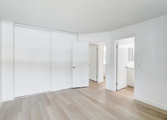 A room with white walls and wooden flooring with three white doors.