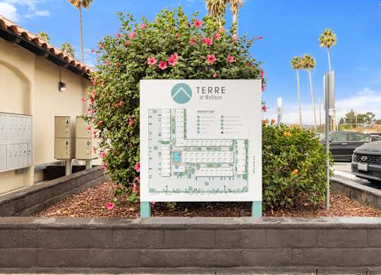 A sign for Terre at Million is displayed in front of a building.