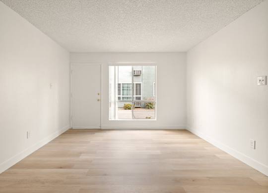 A room with a white door and a window showing a balcony with plants.