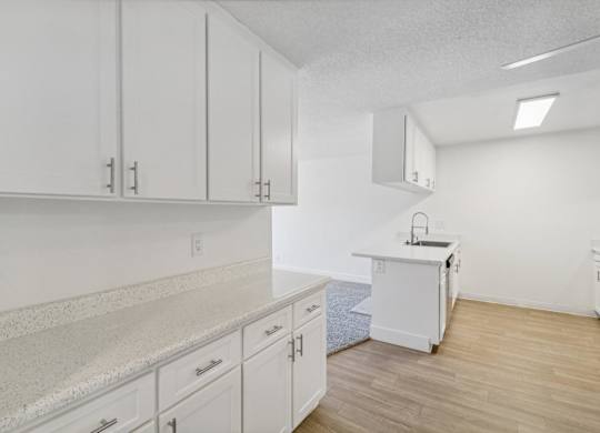 A kitchen with white cabinets and a countertop.