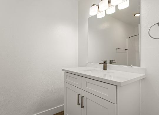 A white bathroom vanity with a sink and mirror.