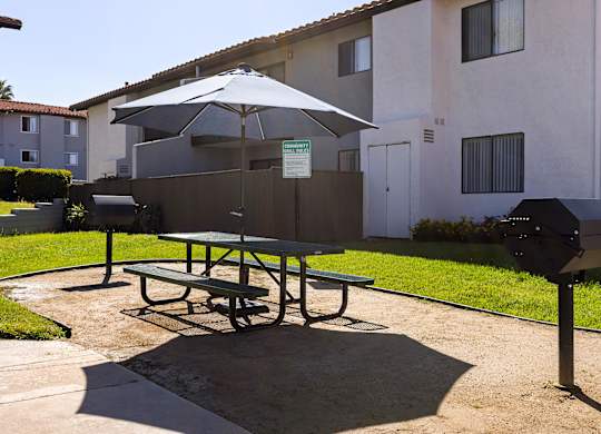 A picnic table with an umbrella is in front of a building.