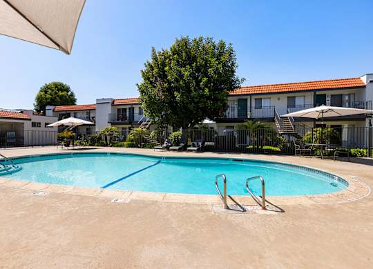 A swimming pool surrounded by a fence and a tree.