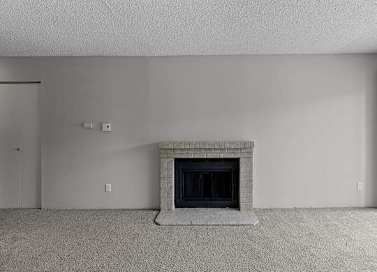 A fireplace in a room with a carpeted floor.