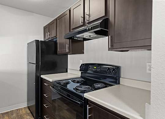 A black refrigerator and stove in a kitchen with brown cabinets.