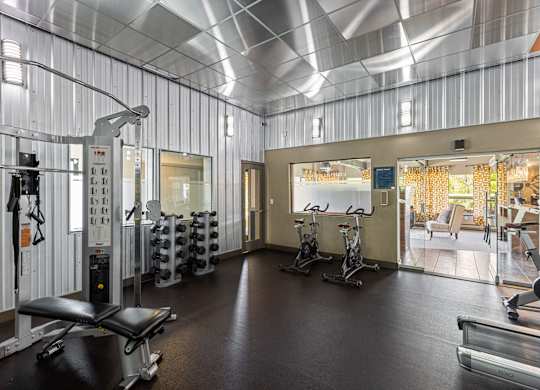 A gym with a variety of equipment including weights and cardio machines.