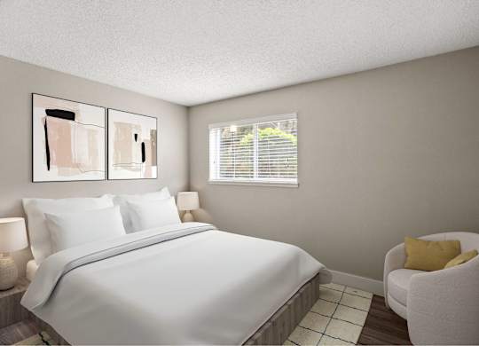 A bedroom with a large bed and a yellow chair.