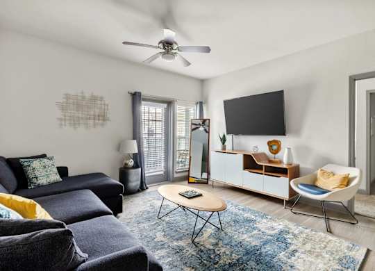 A living room with a blue rug and a black sofa.