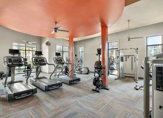 A gym with treadmills, elliptical machines, and other exercise equipment.