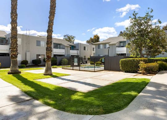 A sunny day at a residential area with houses and palm trees.