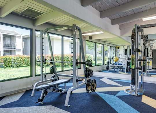 A gym with a view of apartment buildings outside the window.