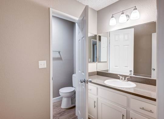 A bathroom with a toilet, sink, and mirror.