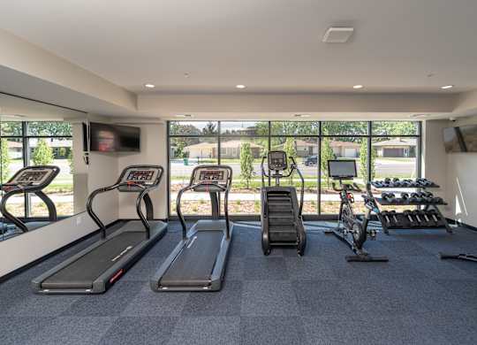 A gym with treadmills, exercise bikes, and other equipment.