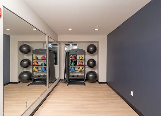 A gym with a mirror, weights, and exercise balls.