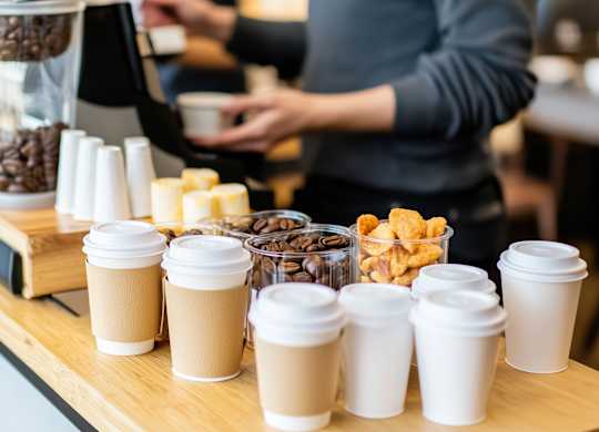 A person is standing behind a counter with coffee cups and a coffee grinder.