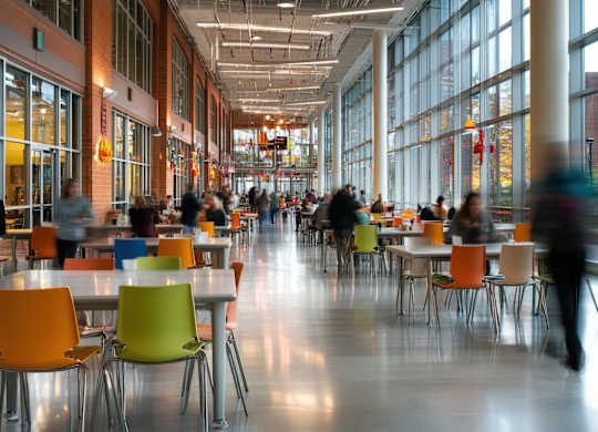 A cafeteria with tables and chairs and people walking.