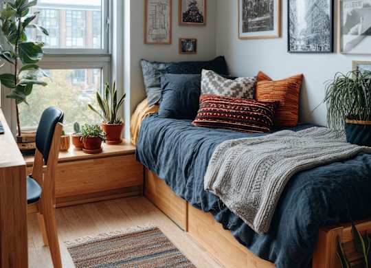 A bedroom with a bed, a chair, and pictures on the wall.