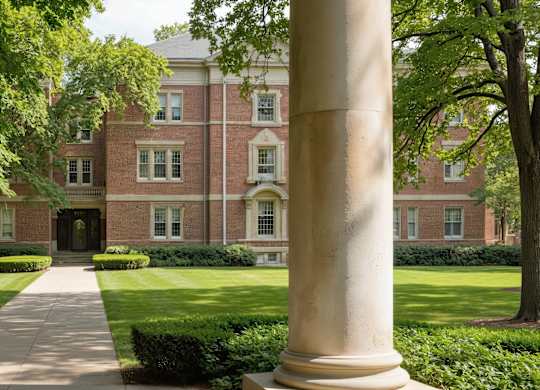 A large building with a long walkway in front of it.