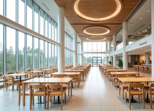 A long hallway with tables and chairs on either side.