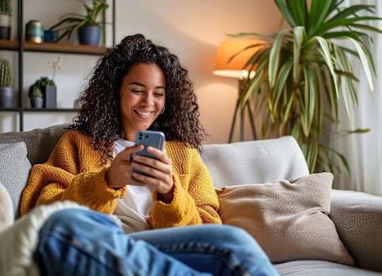 A woman with curly hair is sitting on a couch, wearing a yellow sweater and blue jeans, and is looking at her phone.