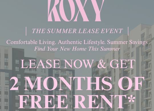 A promotional image for Roxy offers 2 months of free rent for new leases.